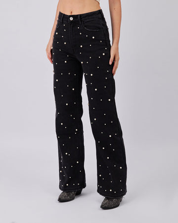 Black Denim Pants With Pearls