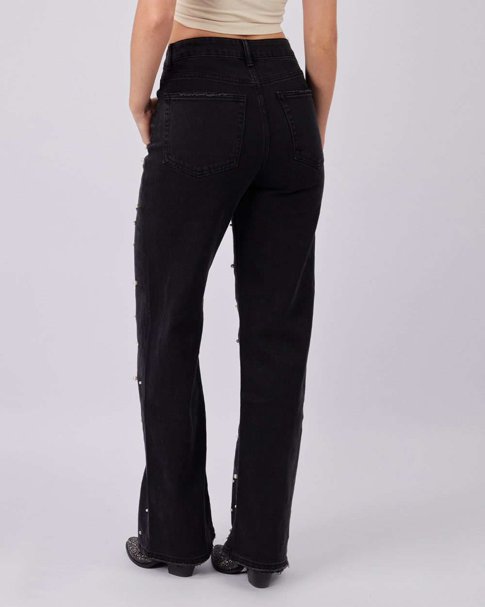 Black Denim Pants With Pearls