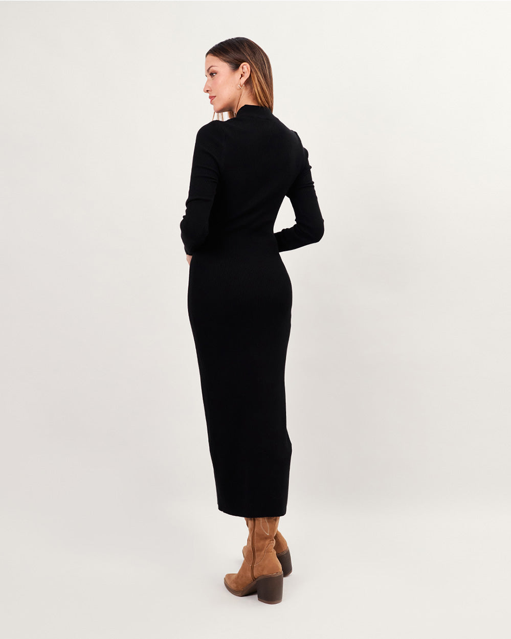 Black high neck knit midi dress