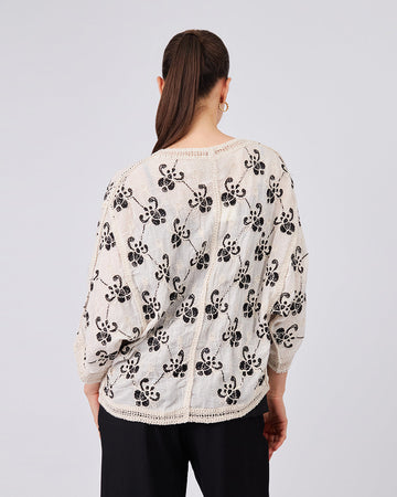 Cream Blouse With Black Pattern