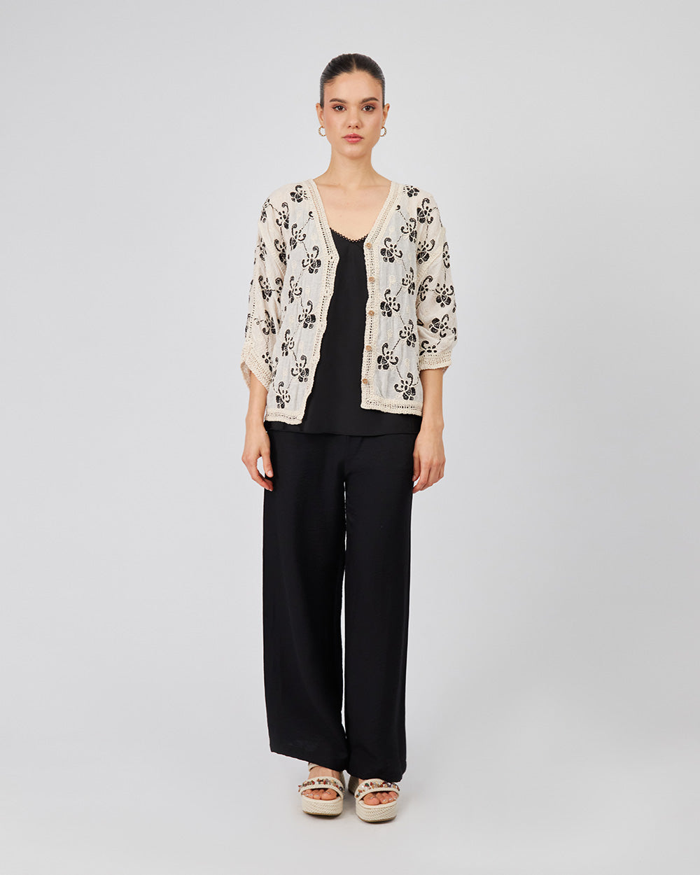 Cream Blouse With Black Pattern