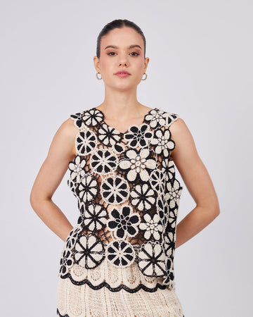 Cream Knitted Top Black Flowers