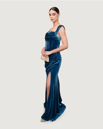 Blue velvet long dress