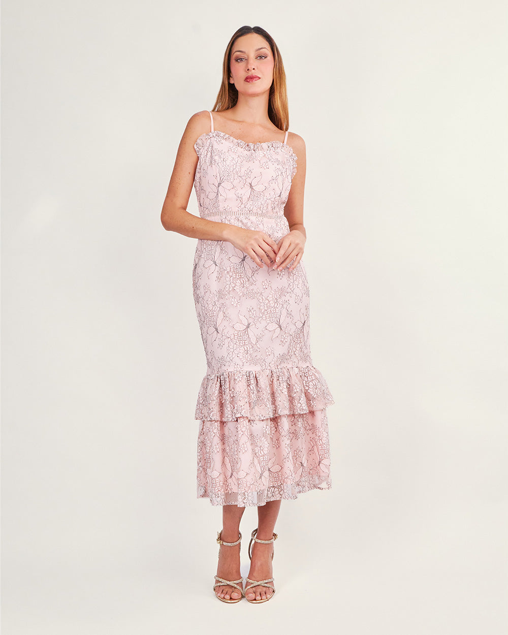 Pink flower tulle midi dress