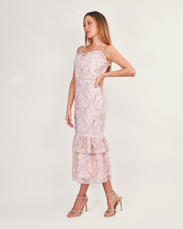 Pink flower tulle midi dress