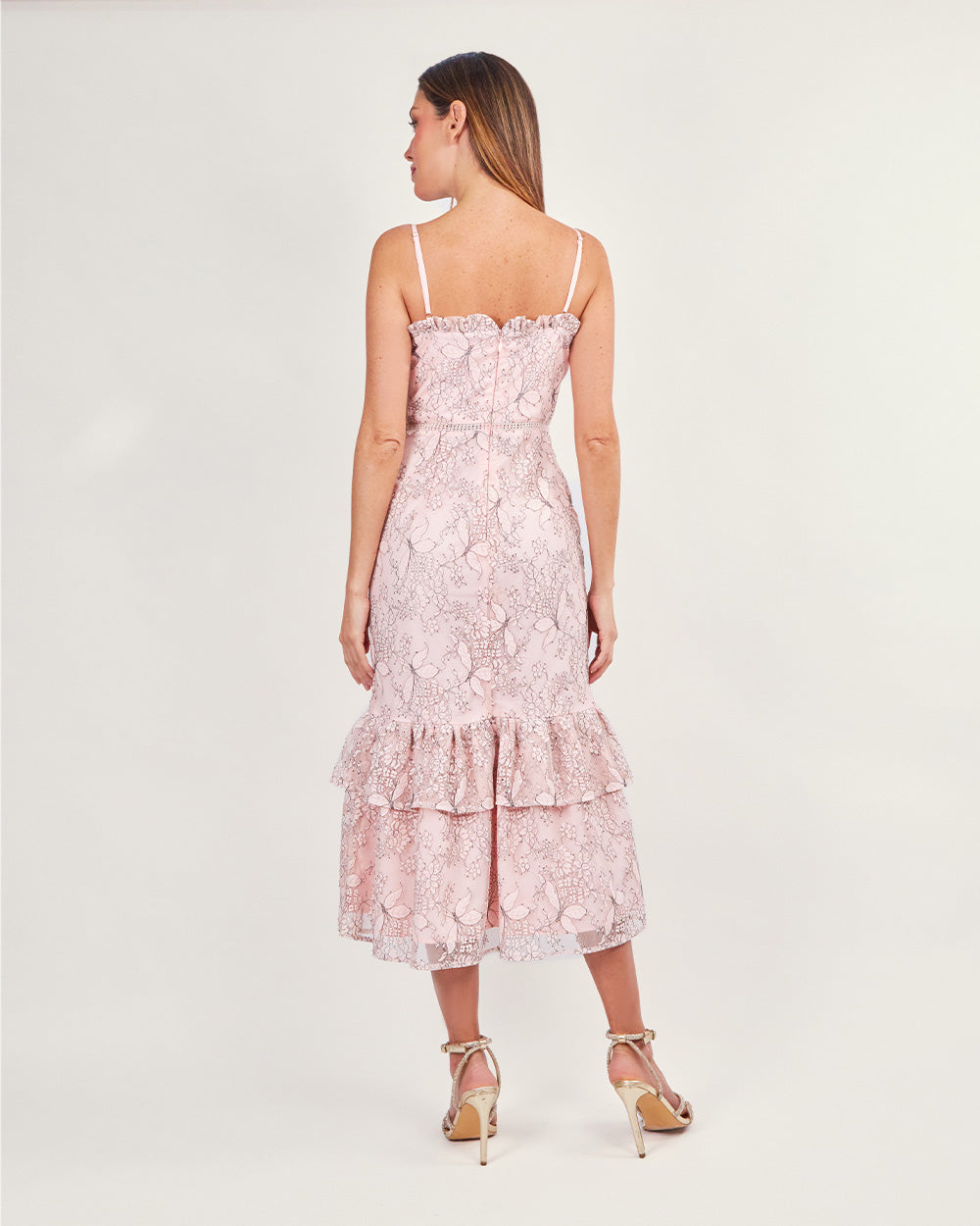 Pink flower tulle midi dress