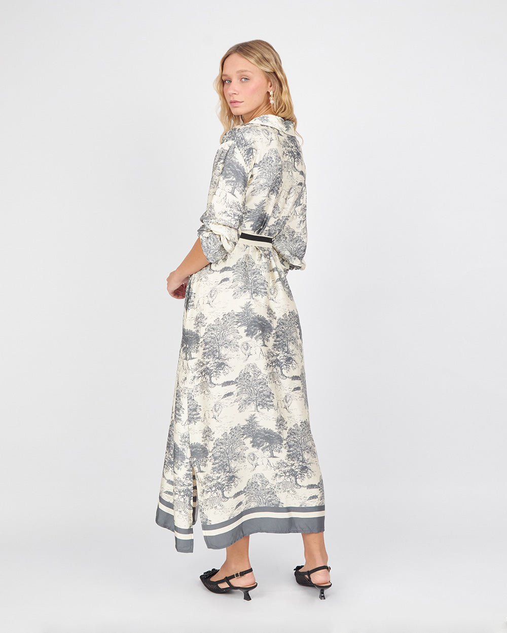 Pearl/Green Silk Print Safari Dress