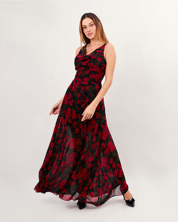 Black long dress with red roses draped neck and crossed back straps