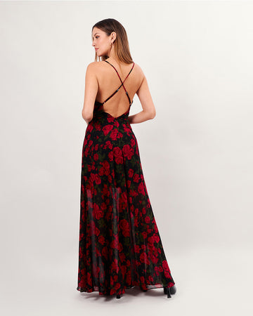 Black long dress with red roses draped neck and crossed back straps