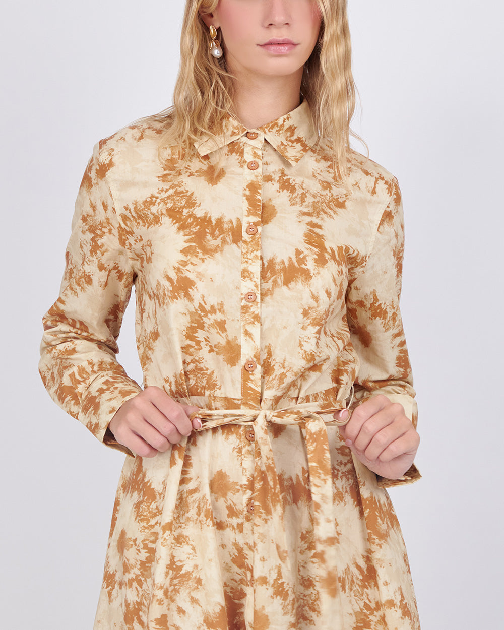 Beige Shirt Dress With Brown Flowers
