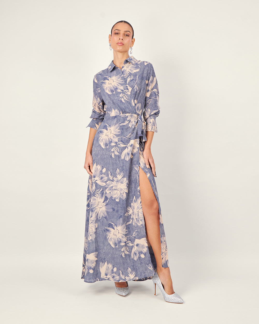 Blue/nude wrap dress