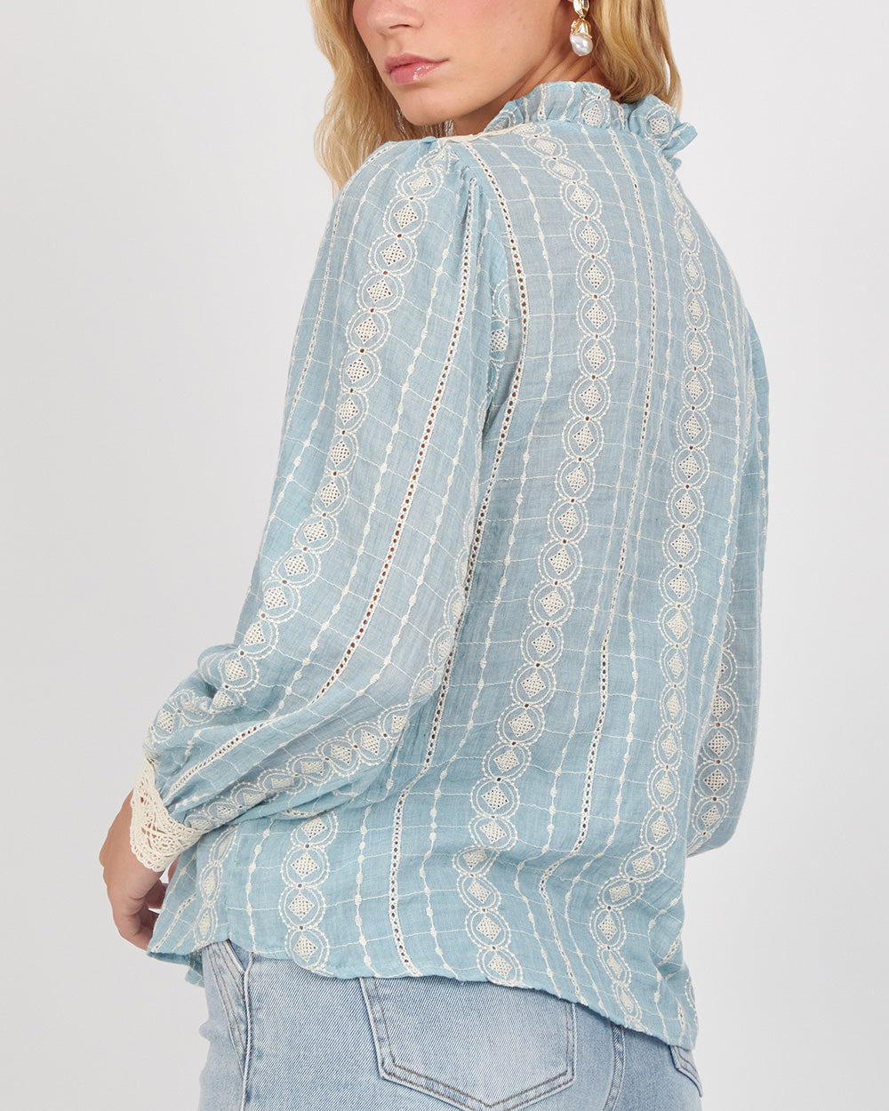 Light Blue Blouse With White Semi-High Neck