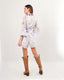 Lilac pansies printed short jumpsuit dress with long chiffon sleeves