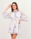 Lilac pansies printed short jumpsuit dress with long chiffon sleeves