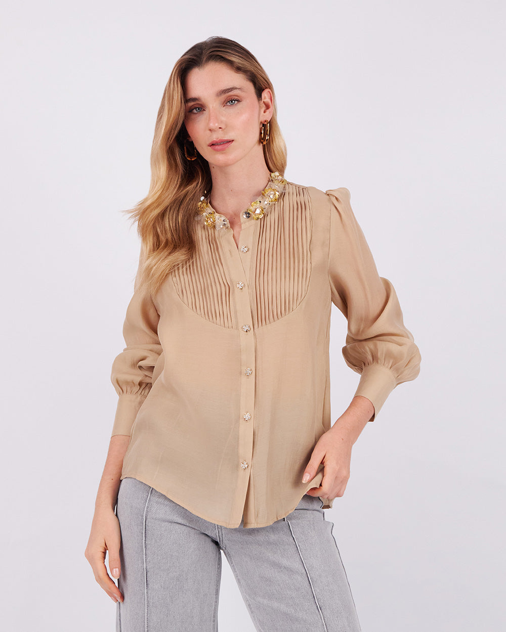 Beige Blouse With Clover Buttons And Pleats