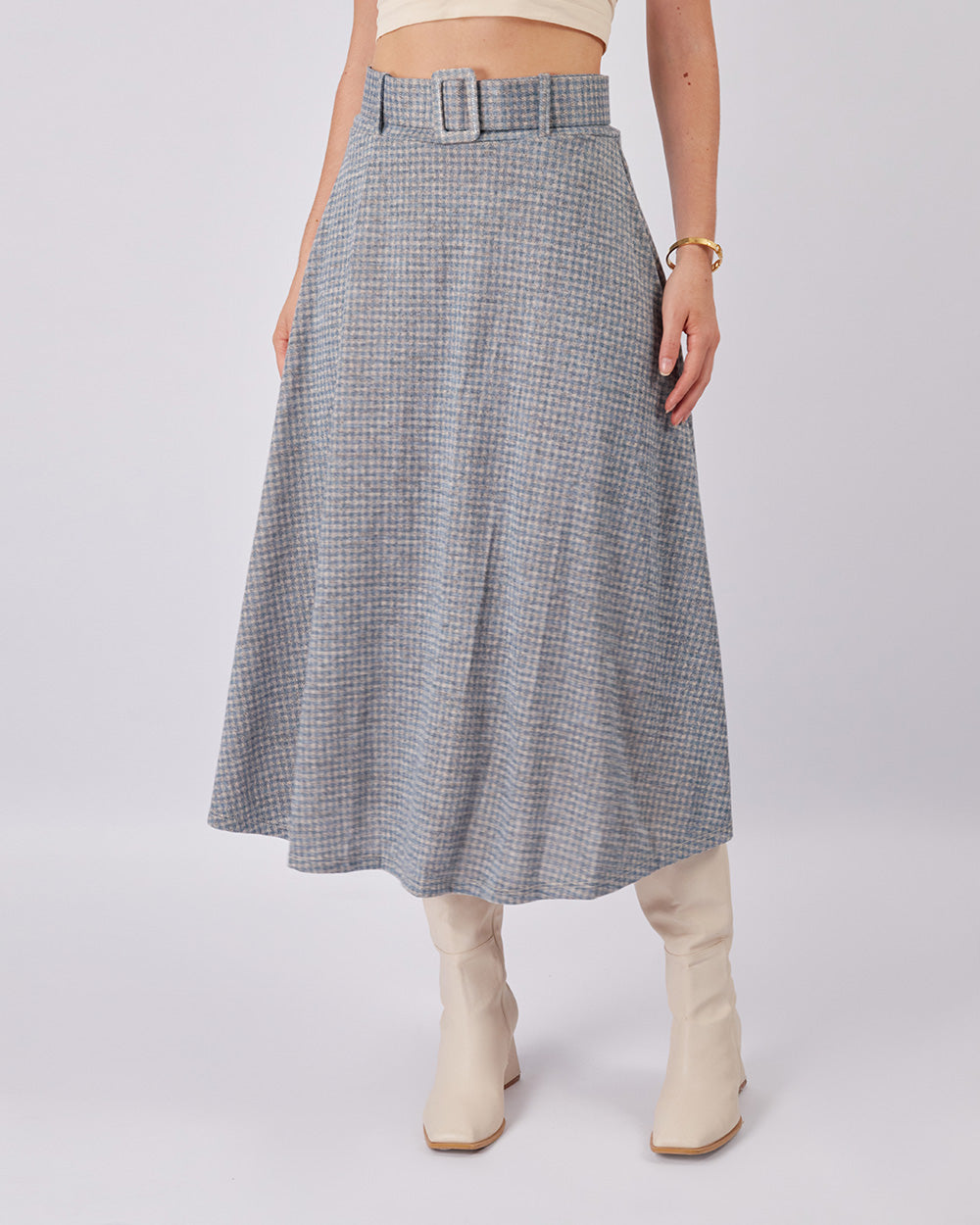 Light Blue And Beige Plaid Skirt