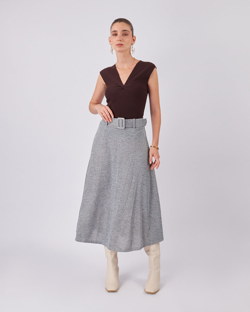 Light Blue And Beige Plaid Skirt