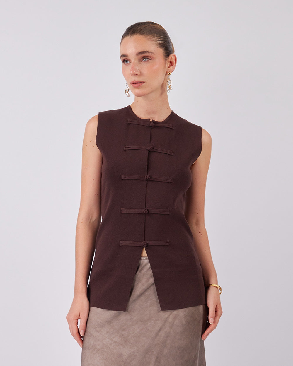 Chocolate Knit Vest Tang Buttons