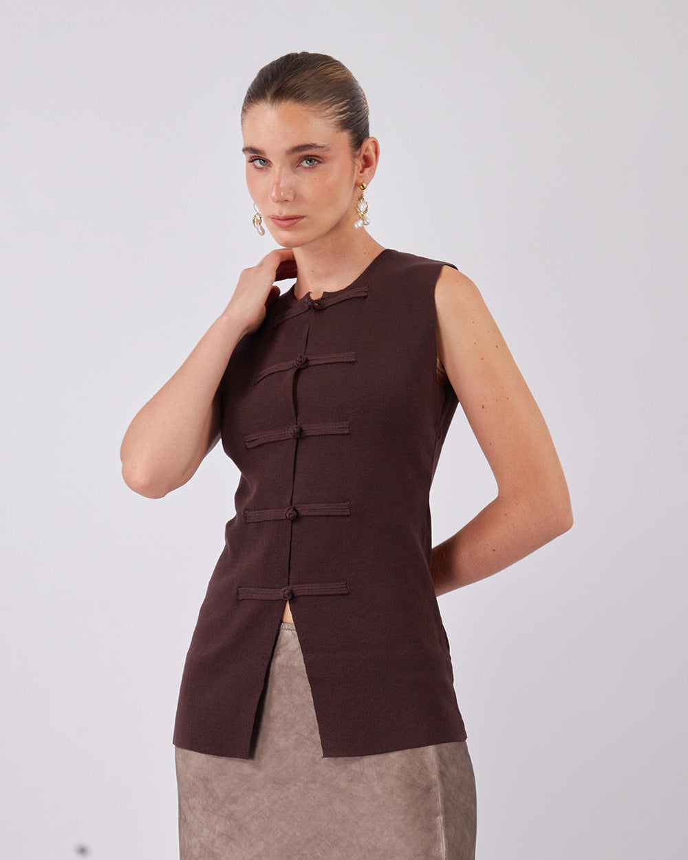 Chocolate Knit Vest Tang Buttons
