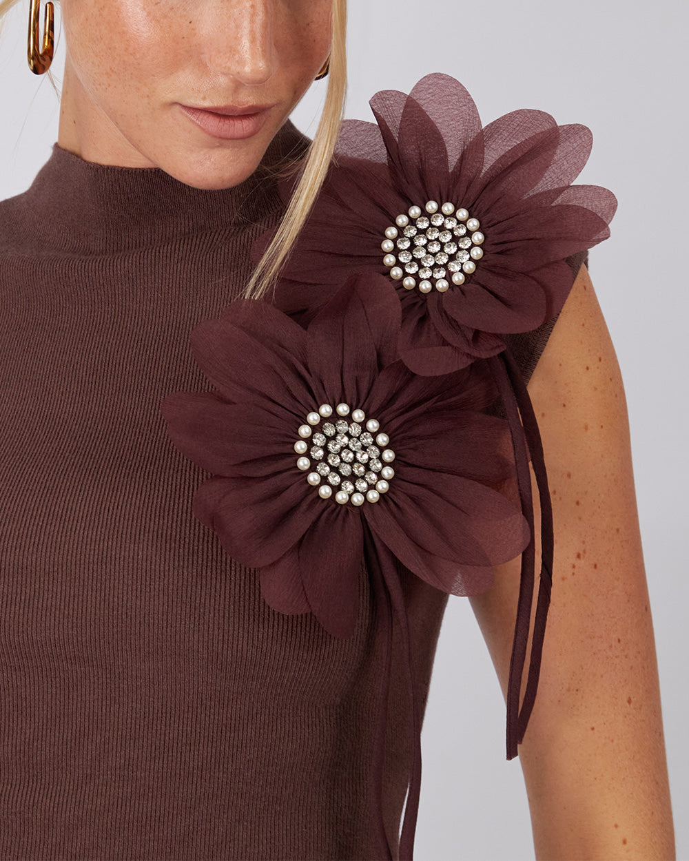 Brown Scalloped Knit Top