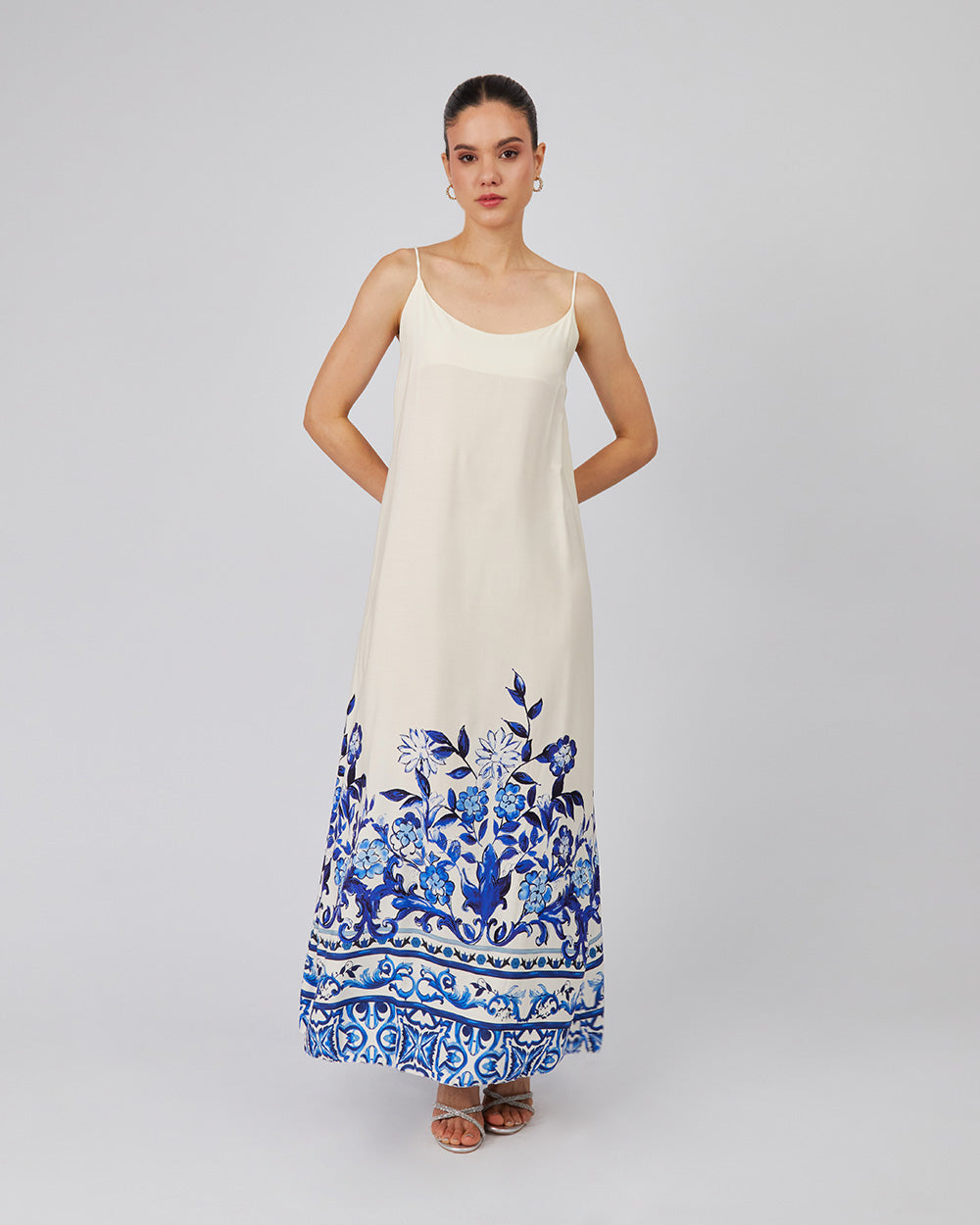 Cream Strappy Dress With Blue Flowers