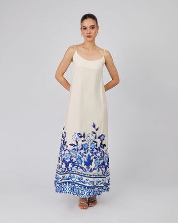 Cream Strappy Dress With Blue Flowers
