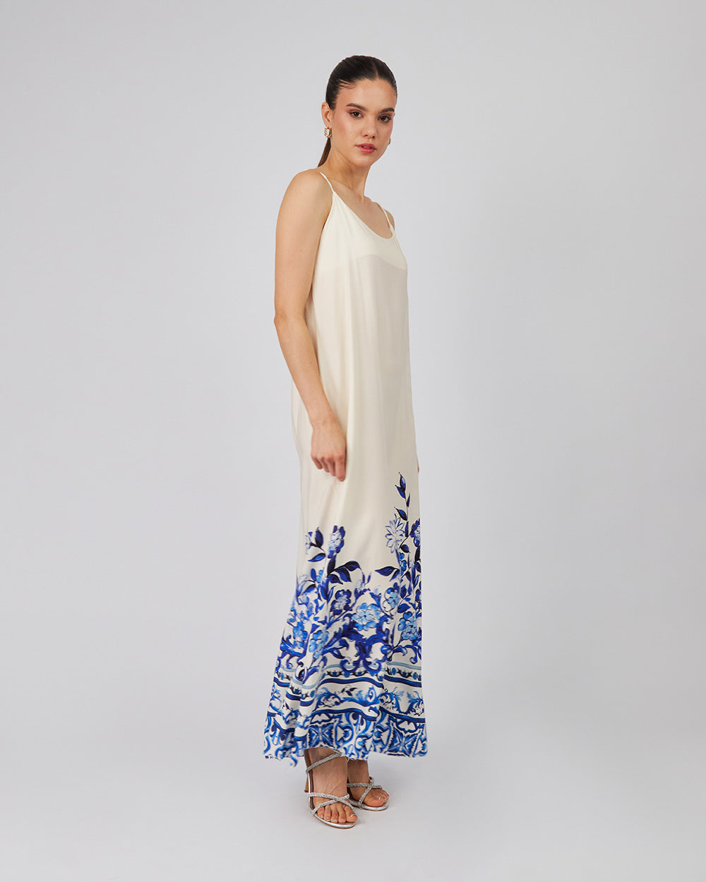 Cream Strappy Dress With Blue Flowers