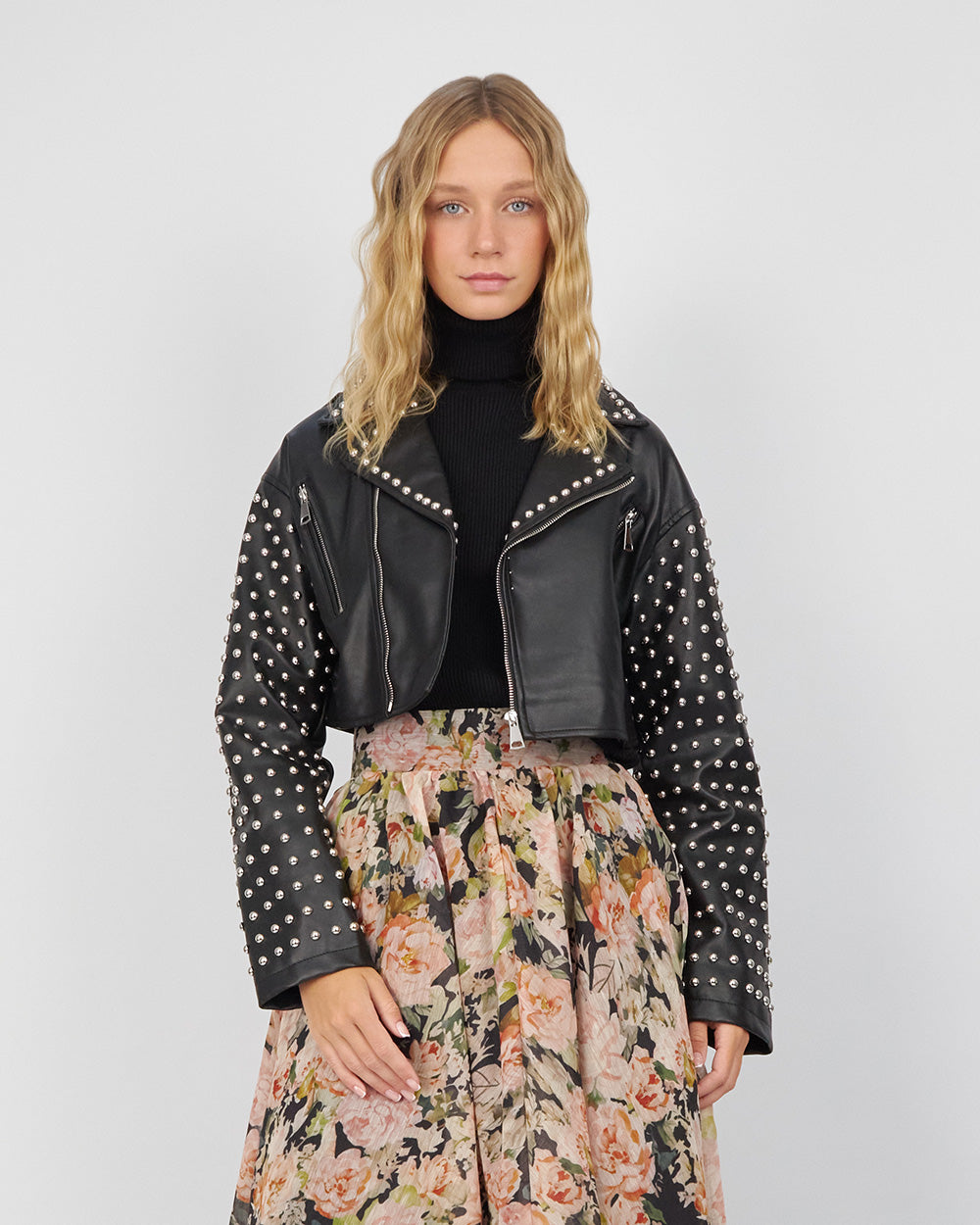 Black Biker Crop Jacket With Studs And Beads