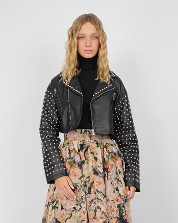 Black Biker Crop Jacket With Studs And Beads