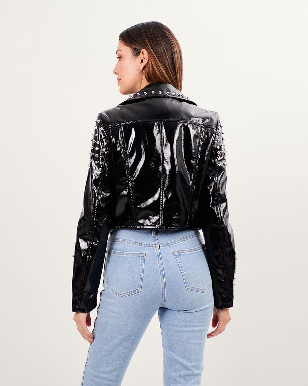 Black  crop vegan leather crop jacket with silver studs
