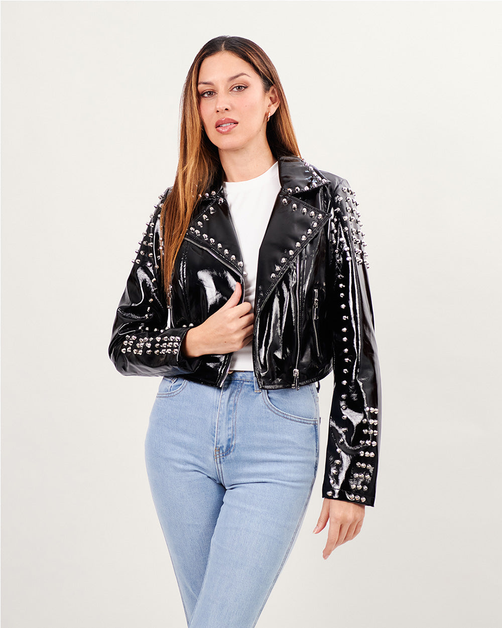 Black  crop vegan leather crop jacket with silver studs