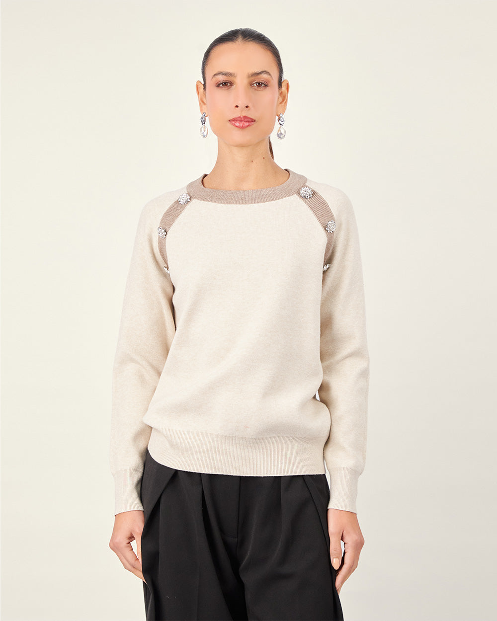 Beige Knit Sweater with Floral