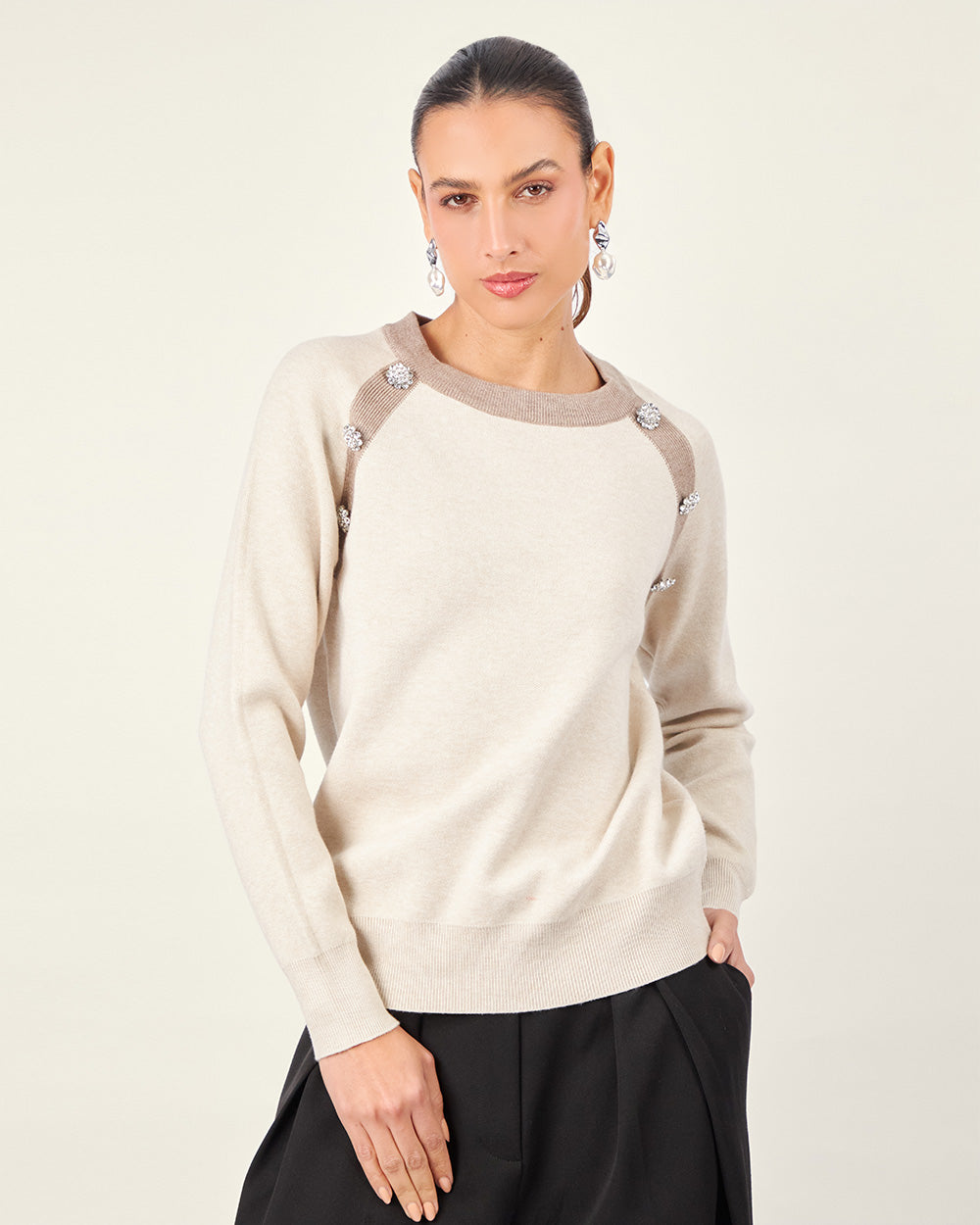 Beige Knit Sweater with Floral