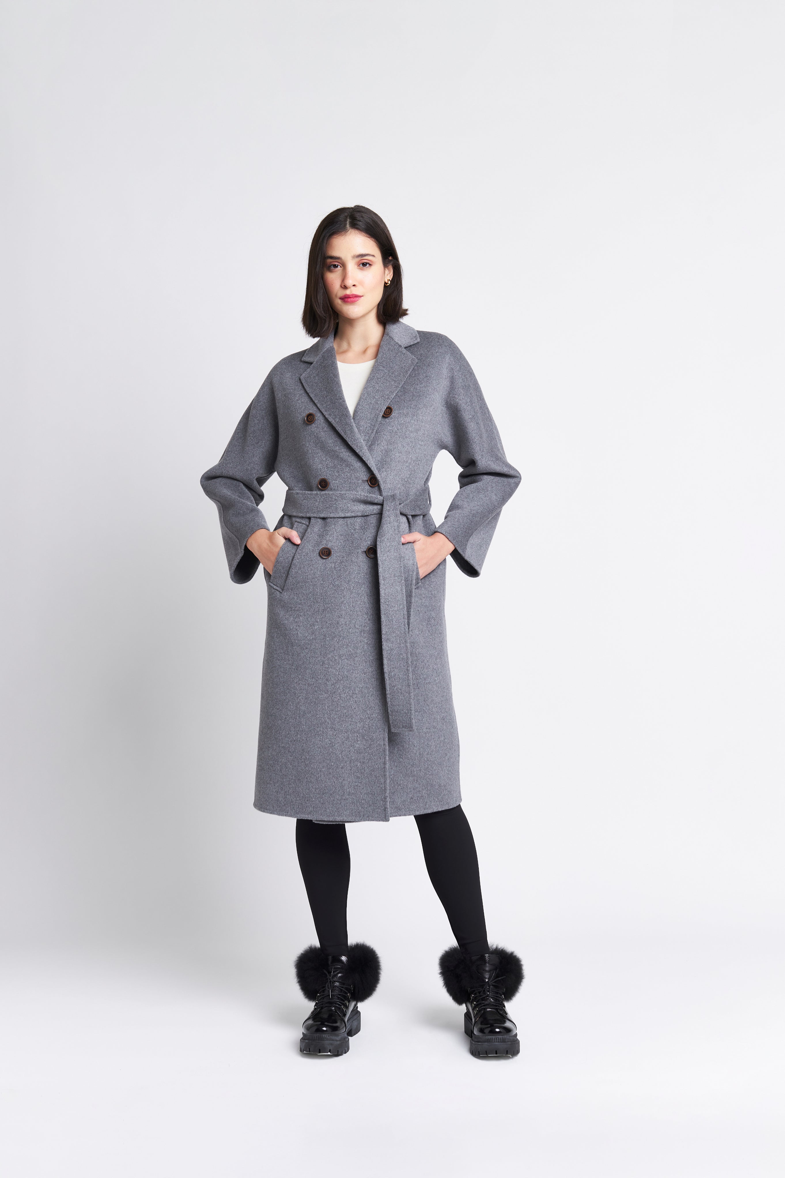 UNUSUAL DOUBLE BREASTED WOOL & CASHMERE  BELTED COAT