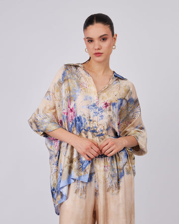 Beige Shirt With Blue Floral Print
