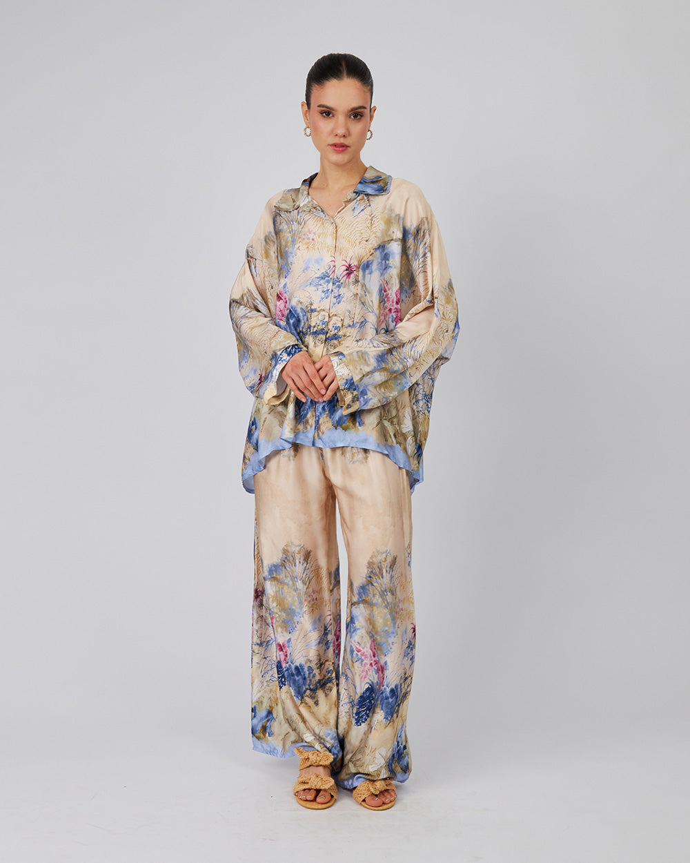 Beige Shirt With Blue Floral Print