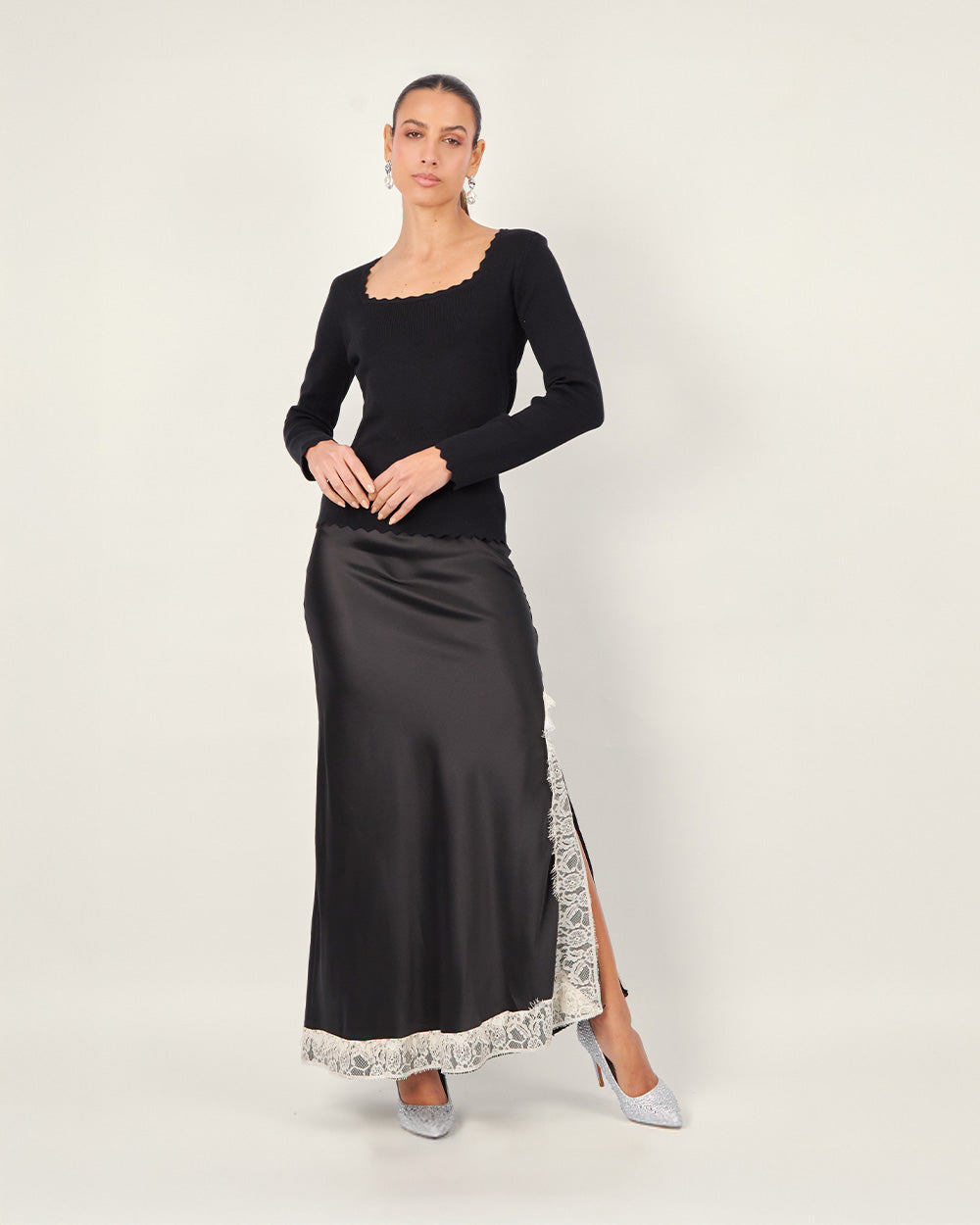 Black silk skirt with lace hem