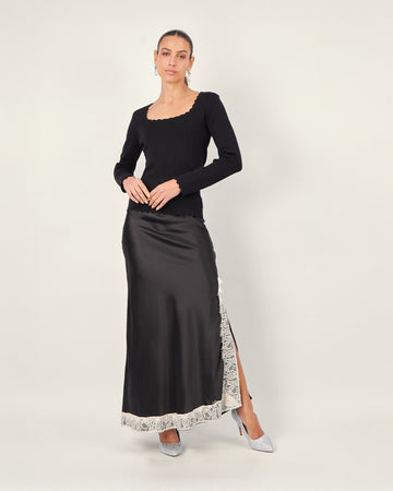 Black silk skirt with lace hem