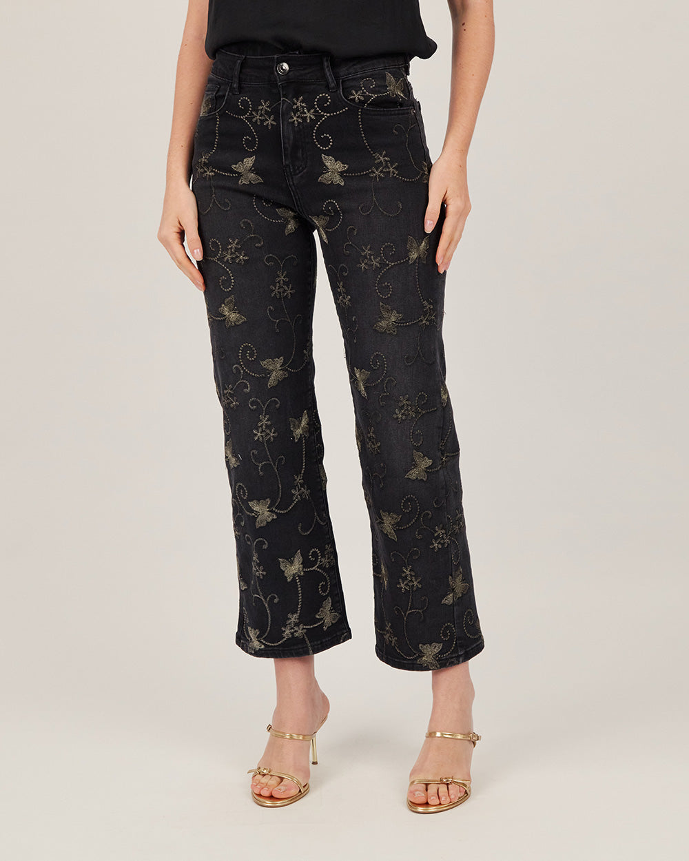 Black Denim Straight-Leg Butterfly Jeans