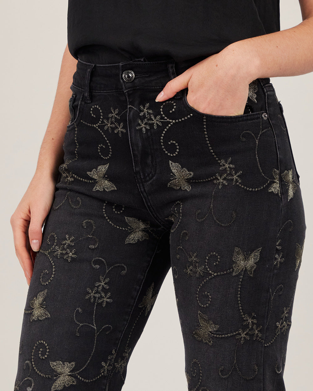 Black Denim Straight-Leg Butterfly Jeans