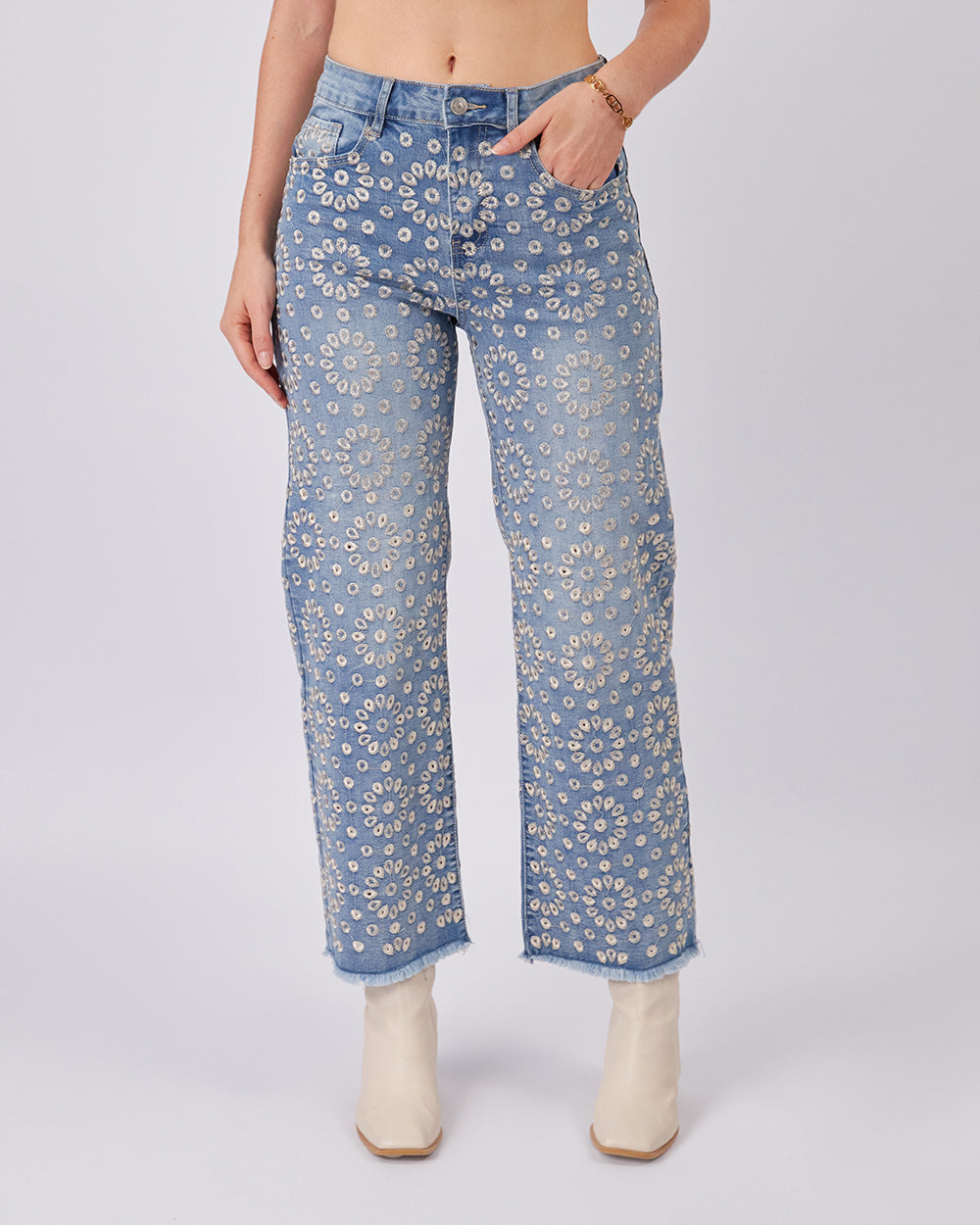 Embroidered Denim Light Blue Pants