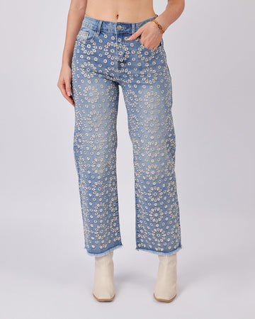 Embroidered Denim Light Blue Pants