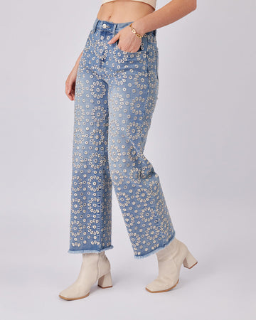 Embroidered Denim Light Blue Pants