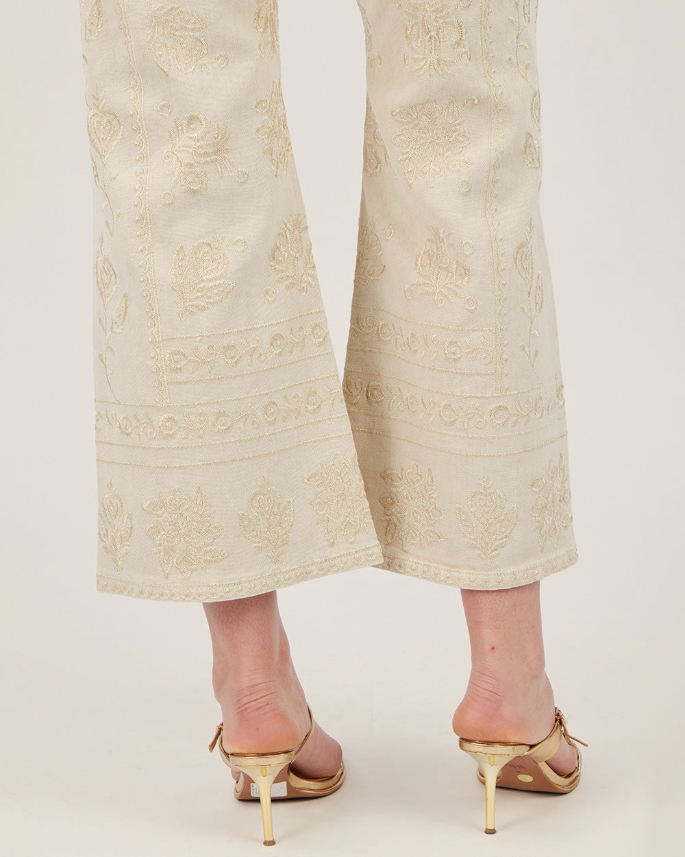 Beige Denim Floral Wide-Leg Jeans