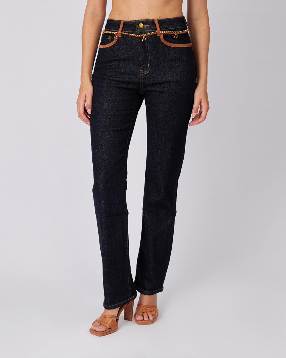 Blue Denim Pants Camel Trim