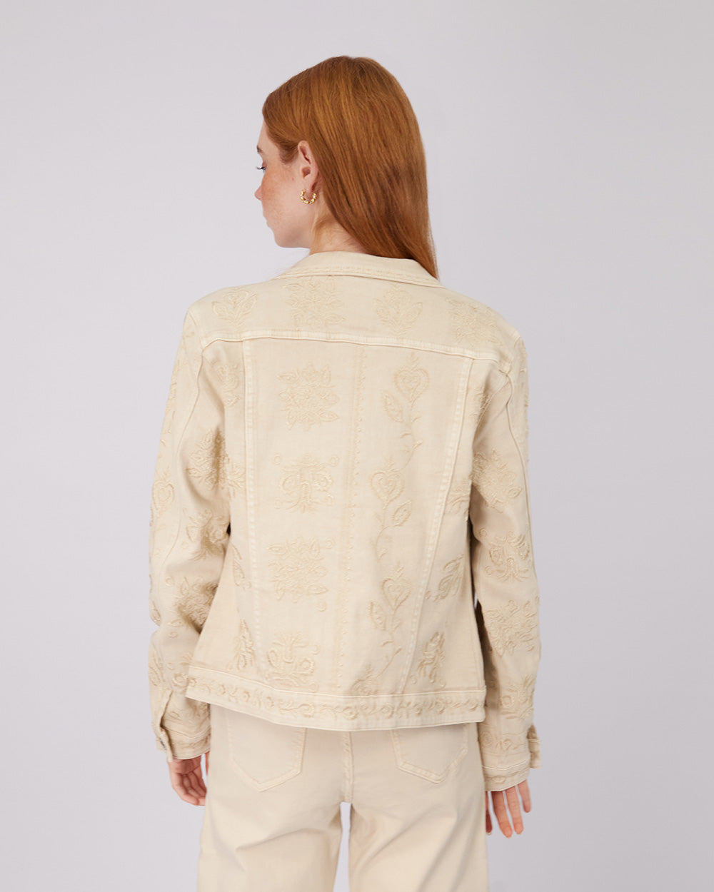 Beige Denim Jacket Embroidered Flowers