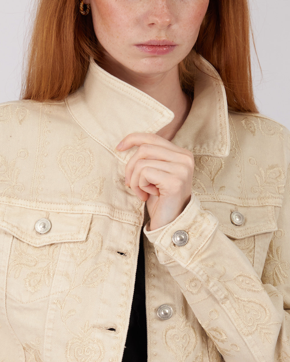 Beige Denim Jacket Embroidered Flowers