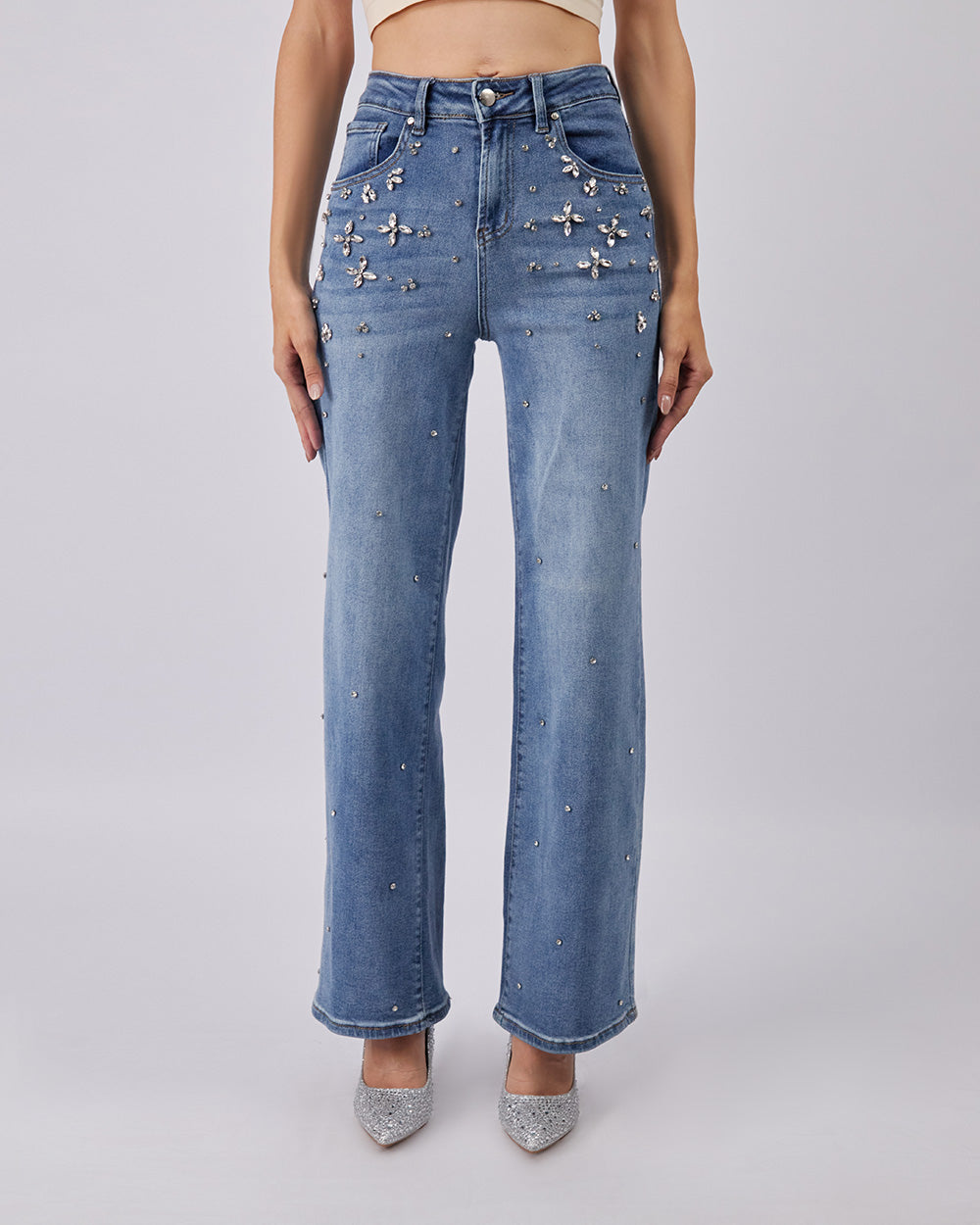 Blue Denim Pants Crystal Bloom