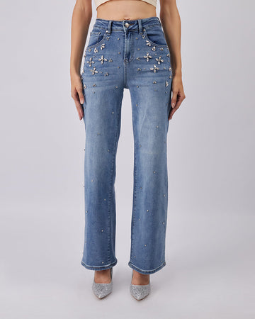 Blue Denim Pants Crystal Bloom