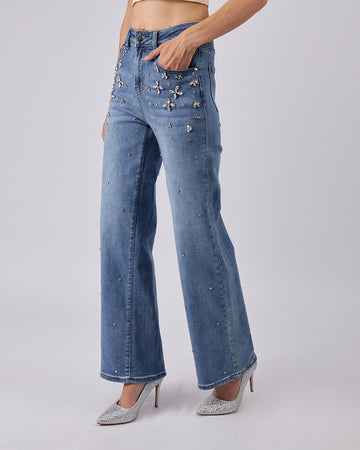 Blue Denim Pants Crystal Bloom